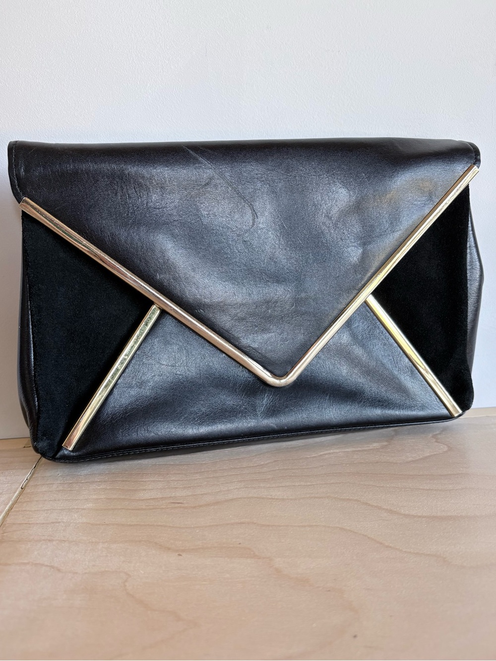 Vintage Clemente Black Envelope Clutch Gold Metal Frame Mixed Suede & Leather